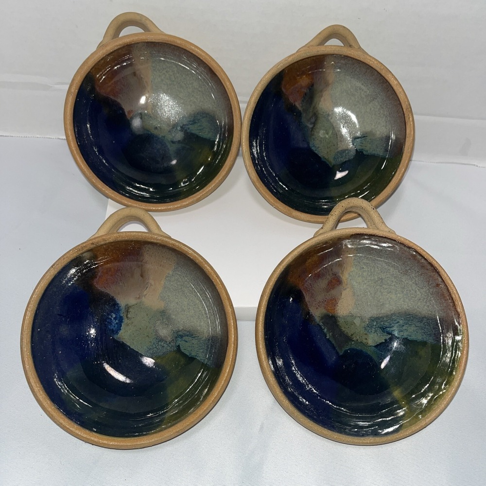 Handmade Pottery Bowl Set Of 4 Marbled Blue And Green Glazed Inside. 6"  Handles